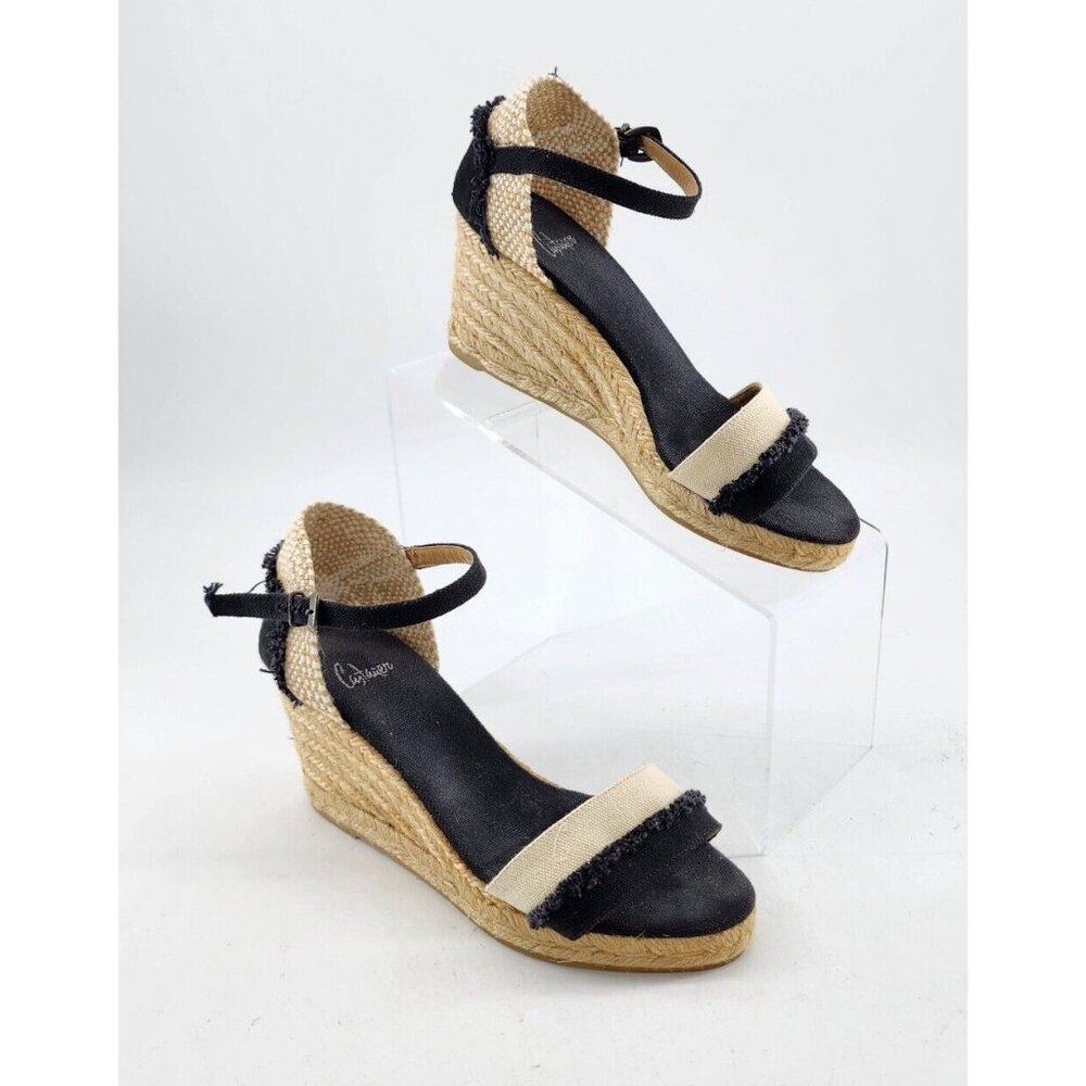 CASTANER Open Toe Ankle Strap Wedge Sandals Espadrille Shoes Black/Beige Size 6